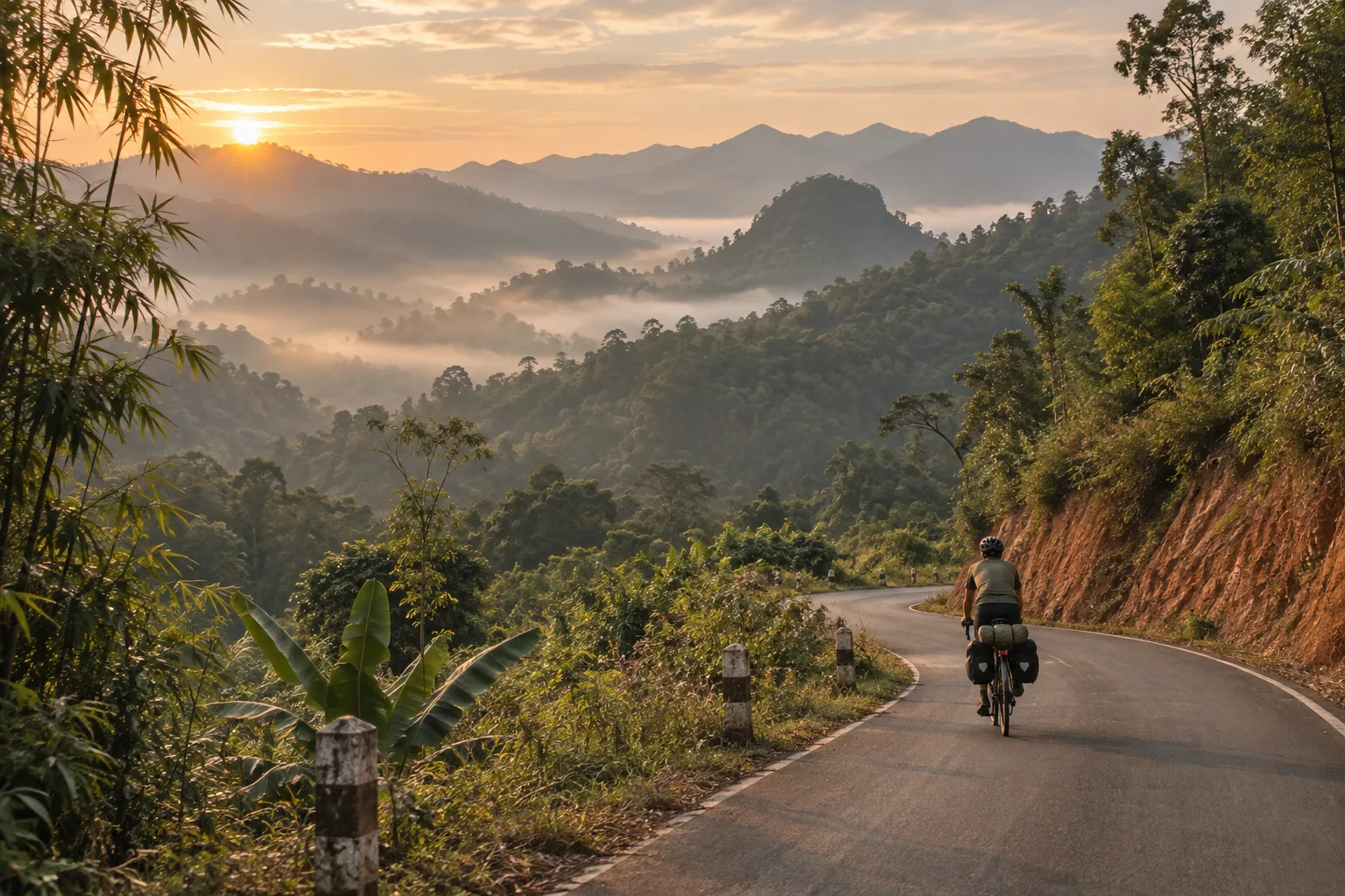 Visuel d’ambiance : un cycliste dans les montagnes boisées et brumeuses du nord de la Thaïlande.