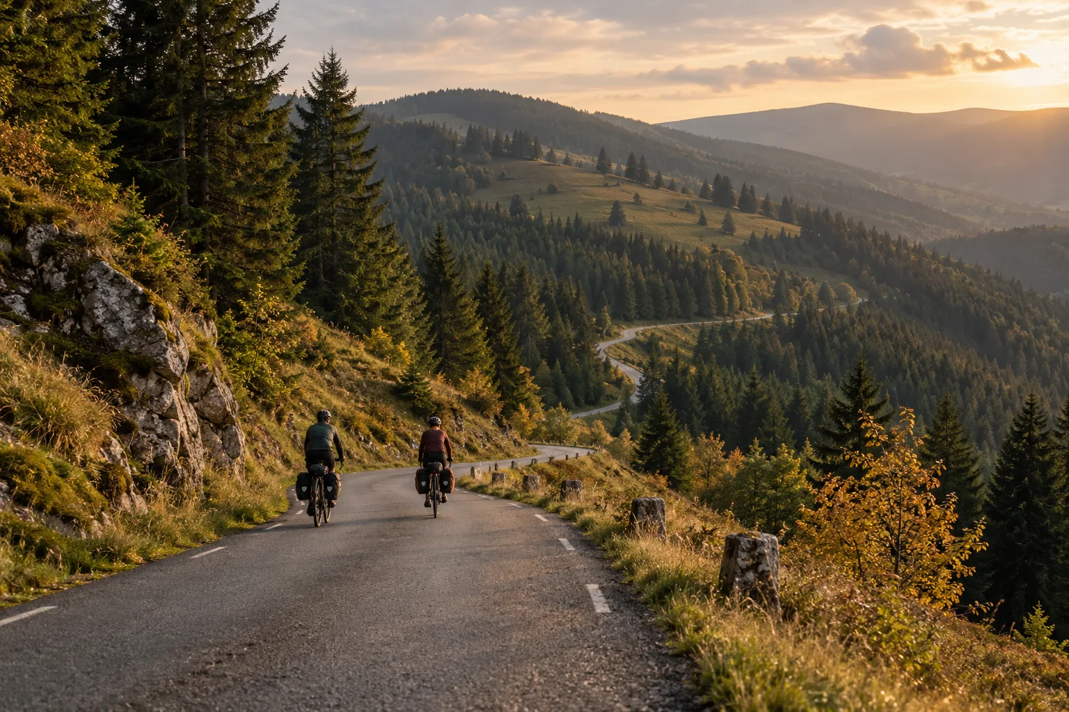 Visuel d’ambiance : deux cyclistes sur une route bordée de sapins, dans la lumière du soir.